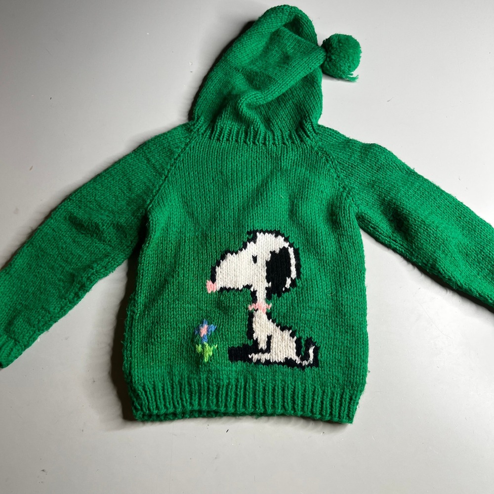 Vintage Snoopy Peanuts Hand Knit Green Hoodie Sweater Kids Bonnie 90s